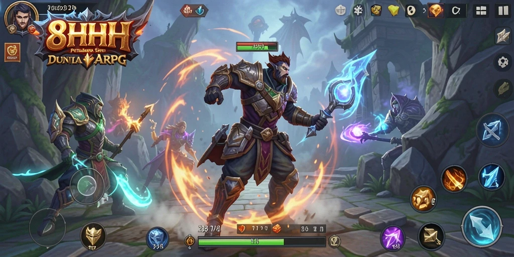 Screenshot gameplay dari 8HHH menunjukkan pertarungan seru dalam dunia fantasi.