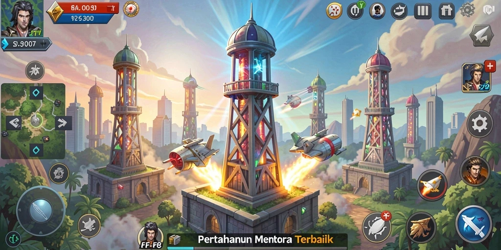 Tampilan gameplay mendebarkan di FO8 dengan strategi menara pertahanan.