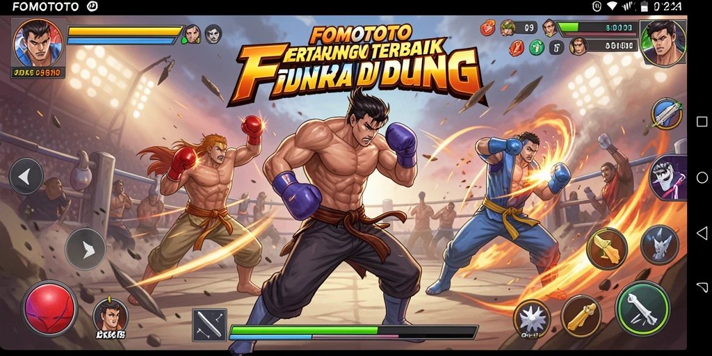 Screenshot gameplay FOMOTOTO menunjukkan pertarungan seru antar karakter.