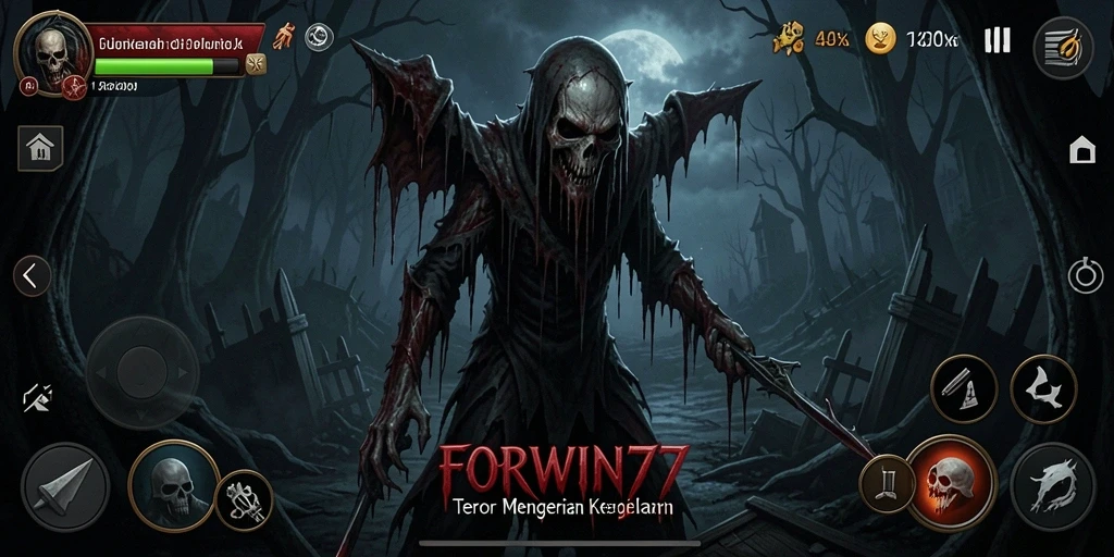 Screenshot gameplay FORWIN77 menampilkan suasana menyeramkan dan misterius.