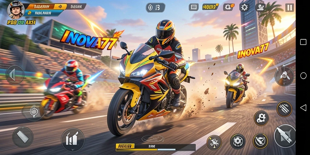 Tangkapan layar menampilkan aksi balapan motor yang mendebarkan di INOVA77.