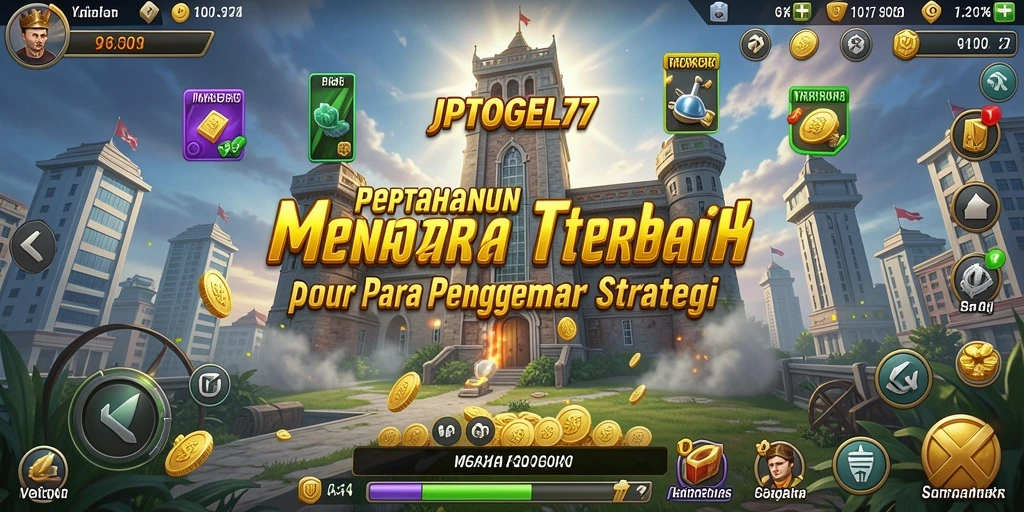 Screenshot gameplay JPTOGEL77 yang menunjukkan menara bertahan di tengah serangan musuh.