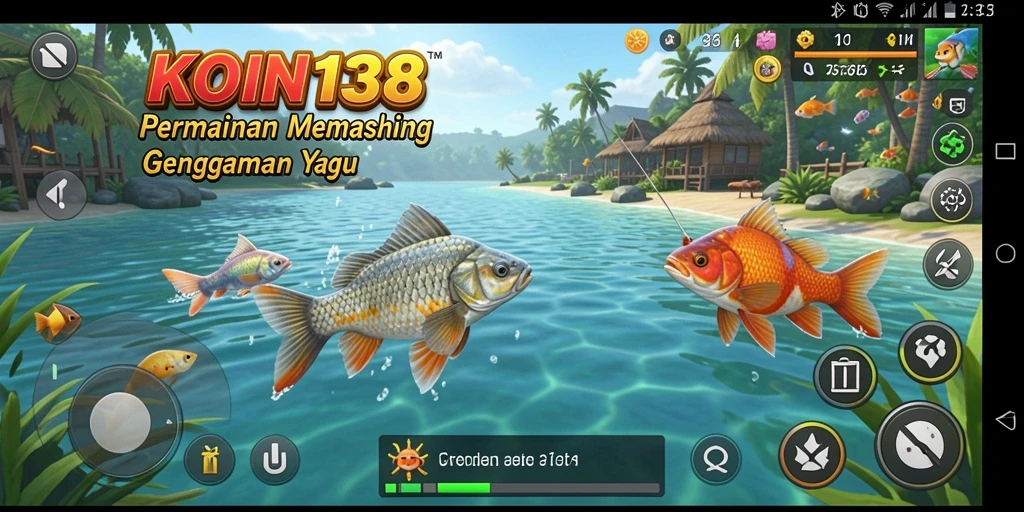 Screenshot gameplay KOIN138 menunjukkan aksi memancing yang mendebarkan.