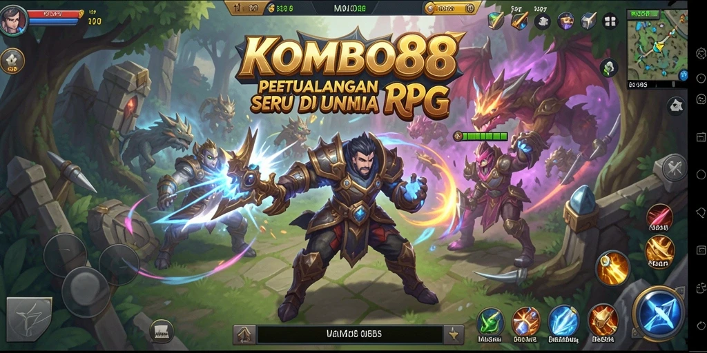 Screenshot gameplay KOMBO88 menampilkan karakter dalam pertempuran epik.