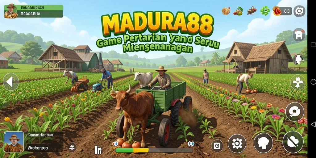 Screenshot game MADURA88 menunjukkan petani yang sedang merawat ladang hijau.