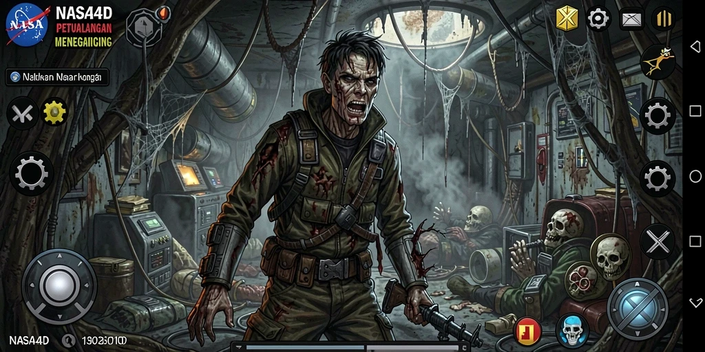 Tampilan gameplay mencekam dari NASA4D saat Anda menjelajahi tempat berhantu.