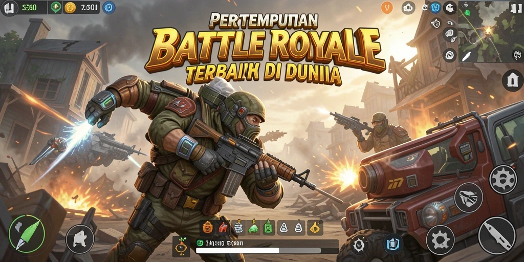 Tangkapan layar S80 menampilkan aksi pertempuran seru berlatarkan arena Battle Royale.