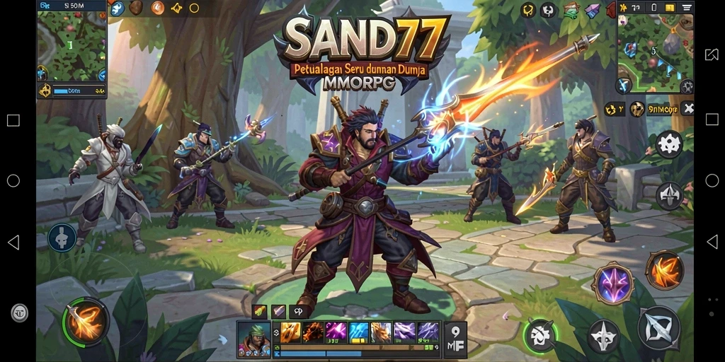 Screenshot gameplay SAND77 menampilkan aksi seru dalam pertempuran MMORPG.